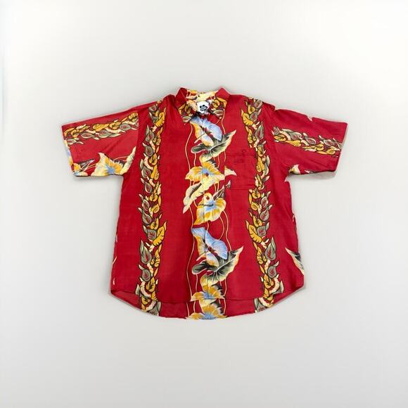 Hilo Hattie Mens Hawaiian Shirt Size Large Floral 100% Silk Short Sleeve FLAW - Picture 1 of 11